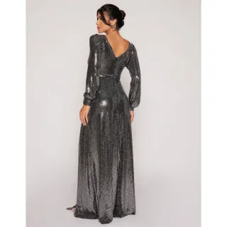 Madrinhas casamento, vestido longo festa paetê manga longa amarração cintura - Preto com Prata