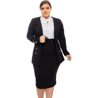Moda Feminina Modesta Evangélica: Conjunto Blazer Saia Ilhós Crepe 2 Peças - Preto