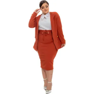 Moda Feminina Modesta Evangélica: Conjunto Blazer Saia Ilhós Crepe 2 Peças - Preto