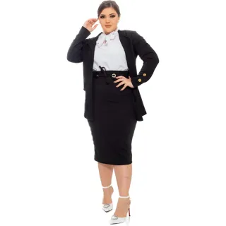 Moda Feminina Modesta Evangélica: Conjunto Blazer Saia Ilhós Crepe 2 Peças - Preto