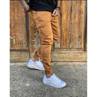 Calça confortável masculina skinny cargo elástico várias cores - Caramelo