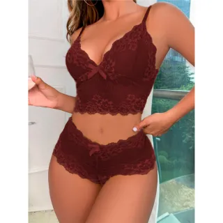 Cropped Renda Conjunto Lingerie Caleçon Kit 2 Calcinha Short Sutiã Sem Bojo - Cores Sortidas