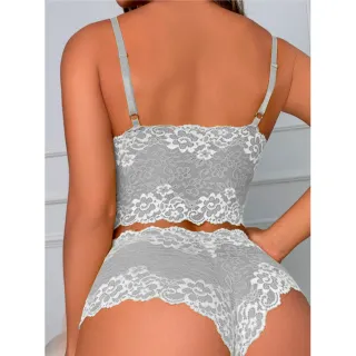 Cropped Renda Conjunto Lingerie Caleçon Kit 2 Calcinha Short Sutiã Sem Bojo - Cores Sortidas