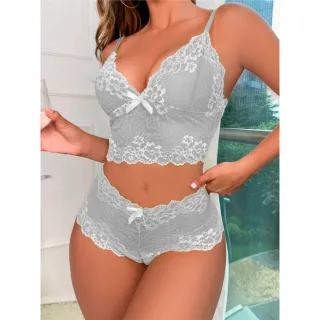 Cropped Renda Conjunto Lingerie Caleçon Kit 2 Calcinha Short Sutiã Sem Bojo - Cores Sortidas