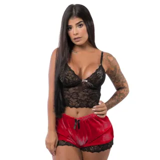 Baby Doll Feminino Lingerie Veludo Luxo Renda Sexy Short - Vinho