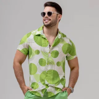 Camisa masculina estampada manga curta de botão em viscose - Blusa manga curta de botão para o Verão - Labirinto-rosa
