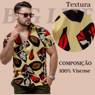 Camisa estampada masculina de botão, manga curta - blusa masculina com estampa - Laranja