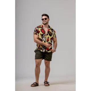 Camisa estampada masculina de botão, manga curta - blusa masculina com estampa - Laranja