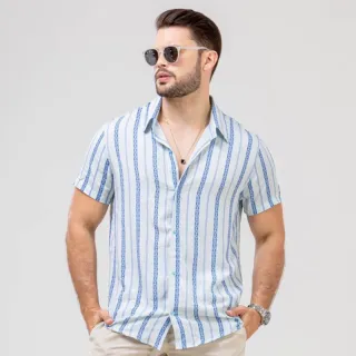 Camisa Masculina Listrada de Botão em Viscose - Blusa Imperial Manga Curta - Imperial-Verde