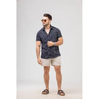 Blusa masculina listrada de botão em viscose - Camisa manga curta masculina - Preto-Pontilhado