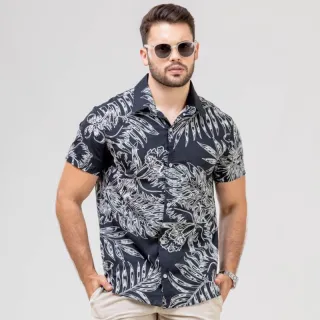 Camisa Estampada Manga Curta de Botão em Algodão Masculina
