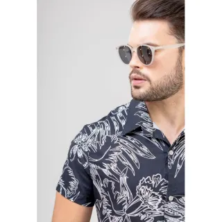 Camisa Estampada Manga Curta de Botão em Algodão Masculina - Vinho - 2023