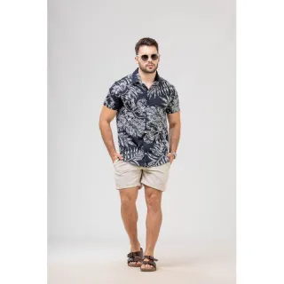 Camisa Estampada Manga Curta de Botão em Algodão Masculina - Vinho - 2023