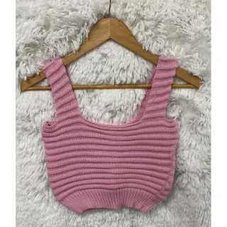 Regatinha Cropped Feminina Tricô Liso Reto - Verão - Preto