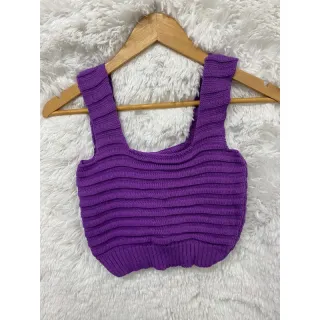 Regatinha Cropped Feminina Tricô Liso Reto - Verão - Preto