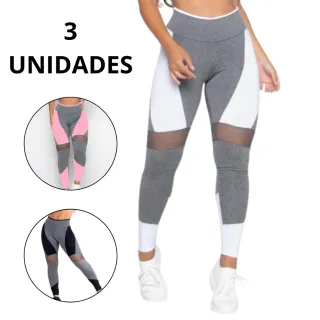 Roupa Fitness Feminina Kit 3 Calça Legging Tela para Academia e Ginástica