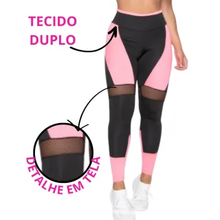 Roupa Fitness Feminina Kit 3 Calça Legging Tela para Academia e Ginástica - CINZA/ROSA