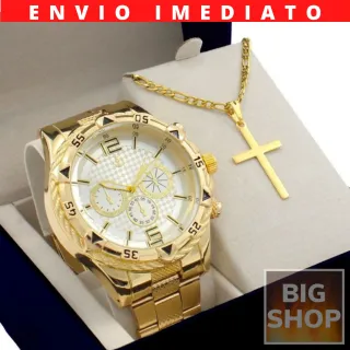 Relógio Luxo Dourado Aço Masculino + Colar Ouro Correntinha + Pingente Cruz - KIT DOURADO