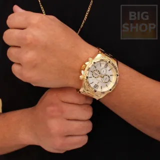 Relógio Luxo Dourado Aço Masculino + Colar Ouro Correntinha + Pingente Cruz - KIT DOURADO