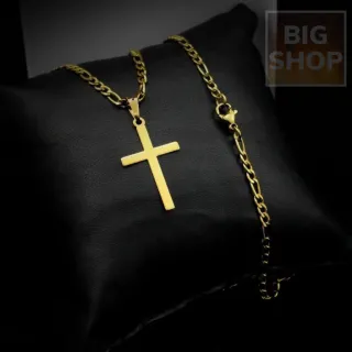 Relógio Luxo Dourado Aço Masculino + Colar Ouro Correntinha + Pingente Cruz - KIT DOURADO