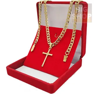 Relógio Luxo Dourado Aço Masculino + Colar Ouro Correntinha + Pingente Cruz - KIT DOURADO