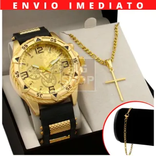 Estilo e Elegância: Kit Colar Cruz + Pulseira Ouro Prata + Relógio Masculino