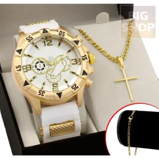 Estilo e Elegância: Kit Colar Cruz + Pulseira Ouro Prata + Relógio Masculino - Dourado