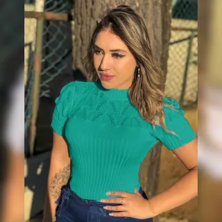 Gola Alta Blusa Tricot Manga Curta - Pink