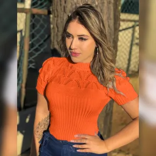 Gola Alta Blusa Tricot Manga Curta - Pink