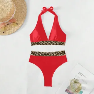 Moda Praia Vintage: Biquini de Amarração Cintura Alta e Top Cropped - Coral