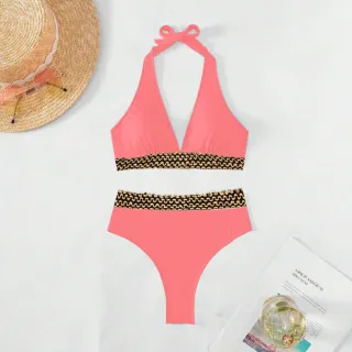 Moda Praia Vintage: Biquini de Amarração Cintura Alta e Top Cropped - Coral