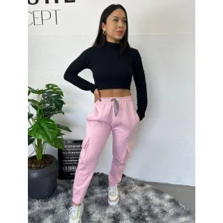 Jogger Feminina Cintura Alta - Calça Moletom Flanelada Cargo - Rosa Bebe