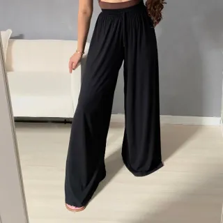 Wide Leg Calça Pantalona Preta Feminina em Crepe Duna - Preta Social