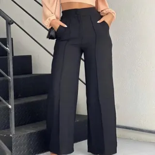 Wide Leg Calça Pantalona Preta Feminina em Crepe Duna - Preta Social