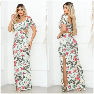 Manguinha longa feminina com vestido de fenda lateral - Onça detalhes