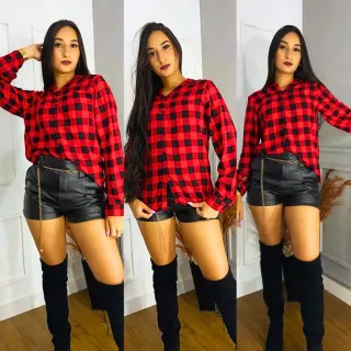 Blusa Feminina Manga Longa Xadrez para Festa Junina - Vermelho