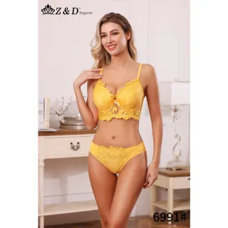 Conjunto de Lingerie Z&D Com Aro, Renda e Bojo - Calcinha Tanga 6991 - Amarelo