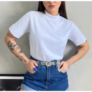 100% Algodão Tshirt Feminina Gola Alta Básica - Branco