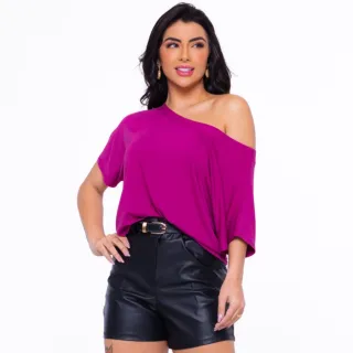 Camisa Feminina Gola Canoa Manga Curta - Blusa Basica Soltinha - Fúcsia