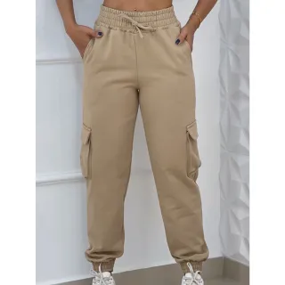Calça Jogger Feminina Inverno Quente Cintura Alta Bolso Moletom - Preta