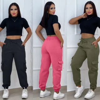 Calça Jogger Feminina Inverno Quente Cintura Alta Bolso Moletom - Preta