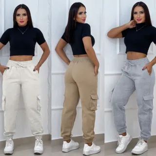 Calça Jogger Feminina Inverno Quente Cintura Alta Bolso Moletom - Preta