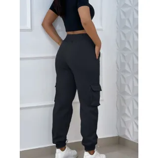 Calça Jogger Feminina Inverno Quente Cintura Alta Bolso Moletom - Preta