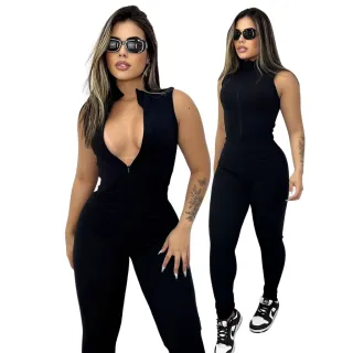 Moda Gringa Premium: Macacão Longo Regata Ziper Virginia - Balada Feminina - Preto