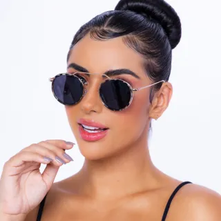 Óculos de Sol Feminino Redonda Metal Viale Original 2022 - DOURADO PRETO