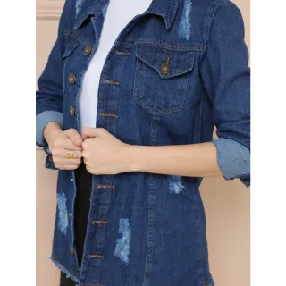 Jaqueta Jeans Feminino Max Moda Rasgado Parka Outono-Inverno - escuro 090