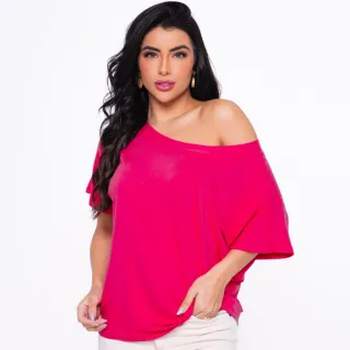 Camisa Feminina Gola Canoa Manga Curta - Blusa Basica Soltinha - Fúcsia