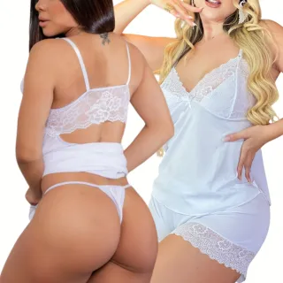 Pijama Sensual Sexy + Camisola Babydoll Com Calcinha - Azul