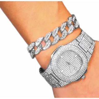 Pulseira + Relógio Ice Hip Hop Zircônia Cravejados - Alta Qualidade - Dourado