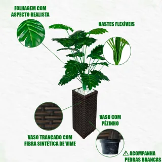 Vaso Decoração 3D Grande + Planta Artificial Bananinha Pronta Entrega - Vime 40cm